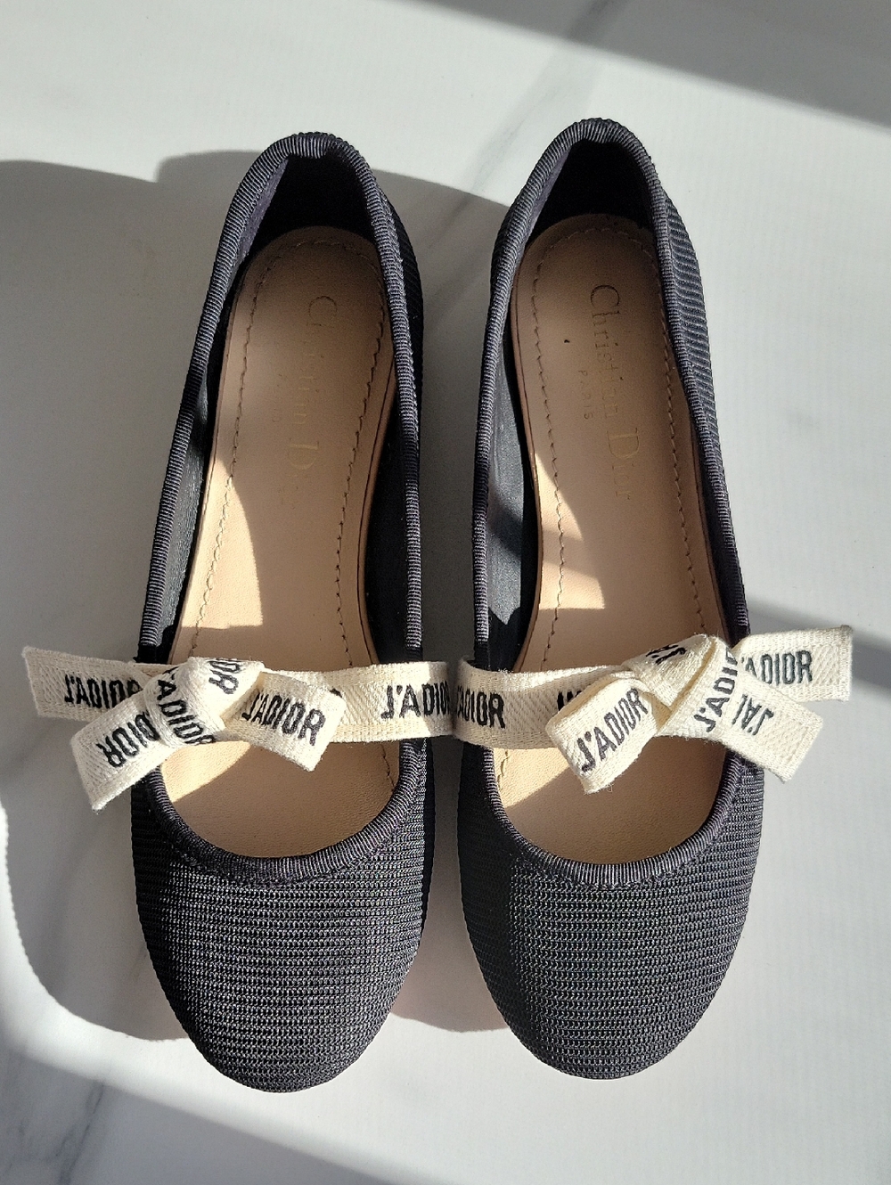 Dior Black Ballet Flats with J'Adior Cream Ribbon